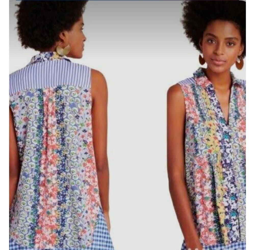 MAEVE Anthropologie Whimsical Pintucked Sleeveless Blouse Novelty Floral XS 4120